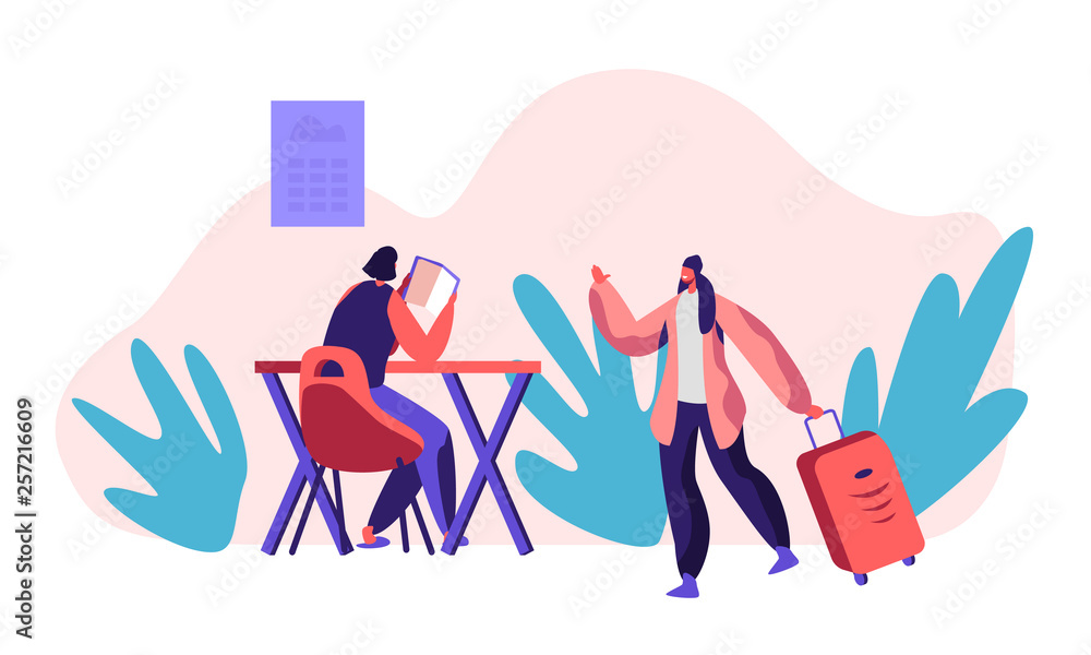 Obraz Smiling Girl Character Living Hostel Kitchen Room with Big Suitcase. Cheap Hotel Concept. Woman at Table Read Book. International Economy Travel. Weekend Trip Flat Cartoon Vector Illustration
