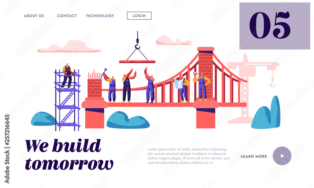 Builder Construct Brick Bridge with Construction Crane and Hammer Landing Page. Architect Worker Build Gate. Engineer on Ladder Building Object Website or Web Page. Flat Cartoon Vector Illustration