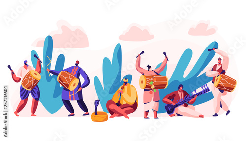 Festival in India. Celebrate Day in Country. Character Play Classical Traditional Music on Dotara, Chitravina and Drummer on Mridangam. Snake Charmer Playing Pungi. Flat Cartoon Vector Illustration