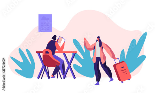 Smiling Girl Character Living Hostel Kitchen Room with Big Suitcase. Cheap Hotel Concept. Woman at Table Read Book. International Economy Travel. Weekend Trip Flat Cartoon Vector Illustration