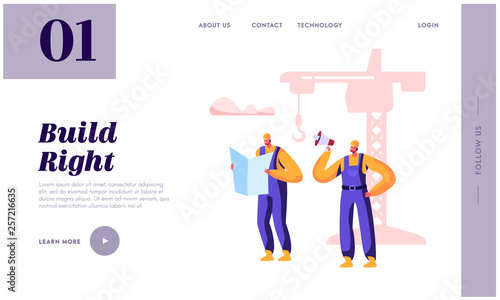 Builder Man Building with Construction Crane Landing Page. Worker Build Object in Uniform and Helmet. Professional Architect Engineering Project Website or Web Page. Flat Cartoon Vector Illustration