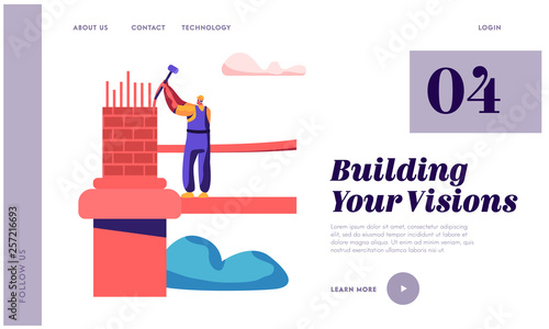 Builder Engineering Bridge with Brick and Hammer Landing Page. Architect Man Building Gate. Worker Engineer Construct Architecture Object Website or Web Page. Flat Cartoon Vector Illustration