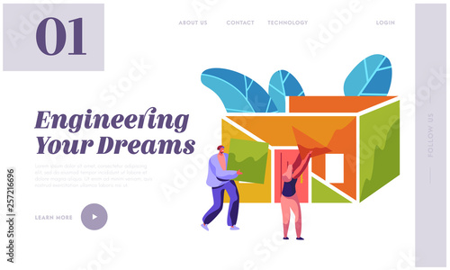 Man and Woman Builder Construction Home Landing Page. Foreman Carry New Part Material to Build Building. Process Installation Roof in House for Website or Web Page Flat Cartoon Vector Illustration