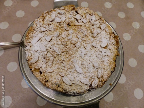 Torta di mele con mandorle e zucchero a velo in superficie. photo