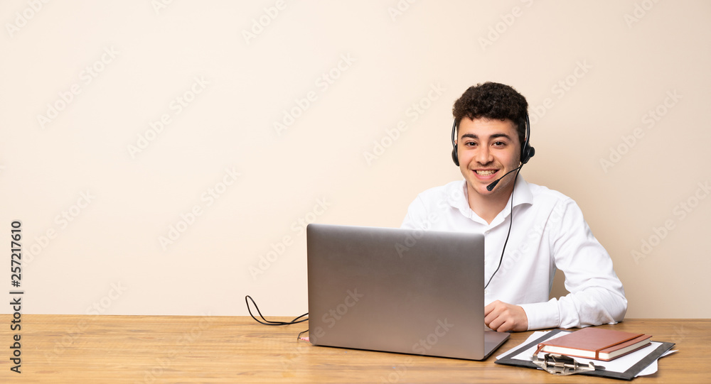 Telemarketer man keeping the arms crossed in frontal position Telemarketer man keeping the arms crossed in frontal position