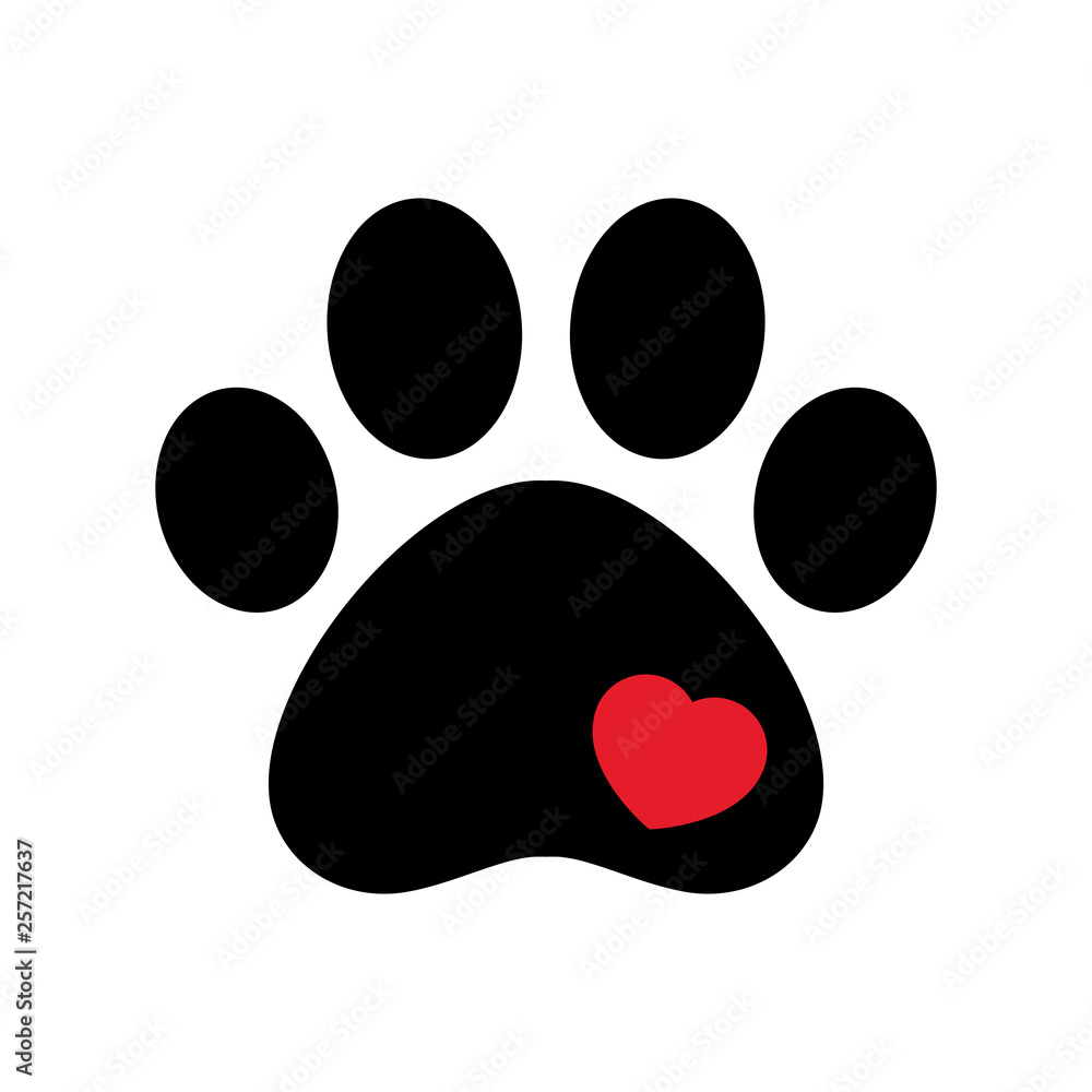 Cat paw footprint in heart. Vector. Love Cats. Animals, Pets, Puppies,  Kittens, Dogs . Red heart with cat white paw print inside. Symbol of love.  Postcard, emblem, icon, print, cover, sticker, t