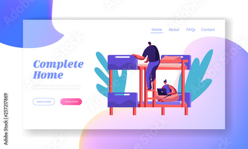 Smiling Woman Character with Laptop Sitting on Bed in Hostel Room Landing Page. International Economy Travel Conceptor Web Page. Hotel Interior Inside Flat Cartoon Vector Illustration