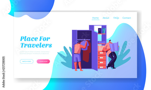 Hostel Apartment Interior with People Character Put Clothes in Wardrobe and Explore Map Landing Page. Joint Budget Accommodation Concept Website or Web Page. Flat Cartoon Vector Illustration