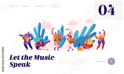 Music Festival in India Landing Page. Musician Playing Musical Instrument Dhol, Drum, Flute and Sitar at National Instrumental Ceremony in Asia Website or Web Page. Flat Cartoon Vector Illustration