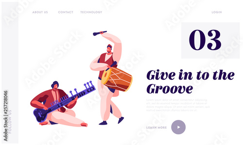 Indian Musician Playing Classical Musical Instrument Dhol and Sitar at Concert Landing Page. Performer Play Drum at Instrumental Musical Show Website or Web Page. Flat Cartoon Vector Illustration