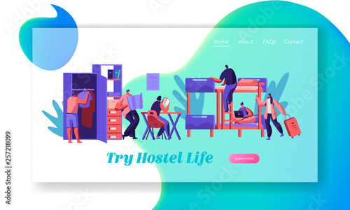 Group of Young Traveler at Hostel Room Landing Page. International Economy Travel Concept Website or Web Page. Hotel Interior with People Character Inside. Flat Cartoon Vector Illustration