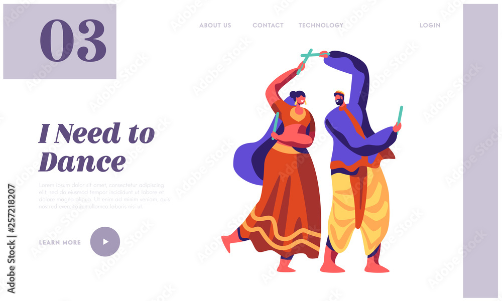 Obraz premium Asian Dance at National Festival in India Landing Page. Classical Dancing Show. Man Dancer Performing Choreography at Ceremonial Performance Website or Web Page. Flat Cartoon Vector Illustration
