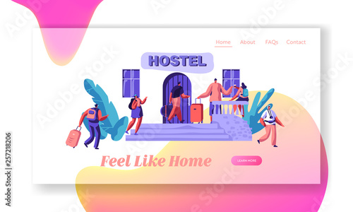 Group of People Character Arrive to Hostel Apartment Landing Page. Budget Traveling Accommodation Concept Website or Web Page. Rent Hotel for Holiday Flat Cartoon Vector Illustration