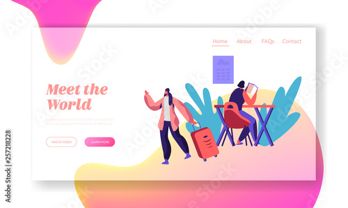 Smiling Girl Character Living Hostel Kitchen Room with Big Suitcase Landing Page. Cheap Hotel Concept Website or Web Page. Woman at Table Read Book. Weekend Trip Flat Cartoon Vector Illustration