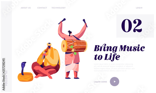 Indian Musician Playing Drum Dhol and Flute at Festival in Asia Landing Page. Man Hypnotize Cobra in Basket. Musical Instrument Concert Show Website or Web Page. Flat Cartoon Vector Illustration