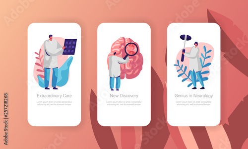 Neurological Examination Concept Mobile App Page Onboard Screen Set. Healthcare Technology. Neurologist Doctor Explore Tomography Result Website or Web Page. Flat Cartoon Vector Illustration
