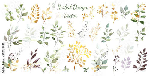 Green leaves with gold. Large set: bouquets, arrangement of leaves and gold elements, twigs, decorative herbs. Vector design.
