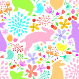bunnies with nature seamless pattern. Easter holiday design element. Vector illustration isolated on white background.