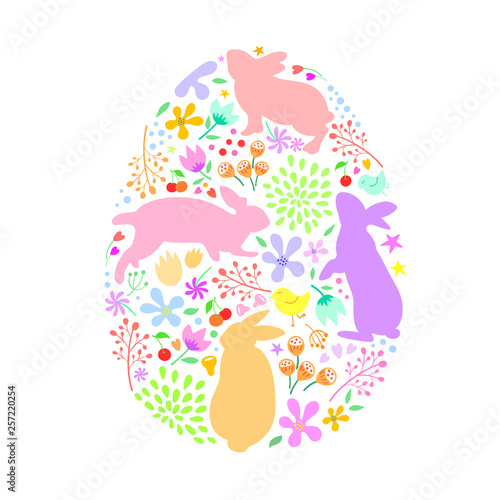 bunnies with nature fill in egg shape. Easter holiday design element. Vector illustration isolated on white background.