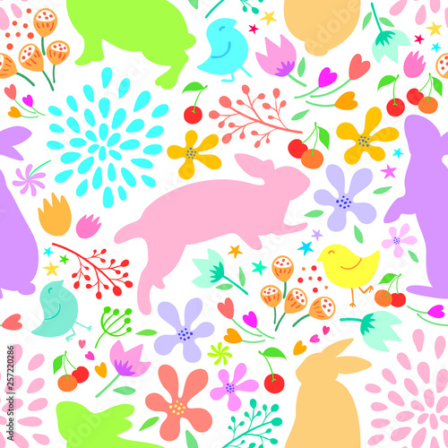 bunnies with nature seamless pattern. Easter holiday design element. Vector illustration isolated on white background.