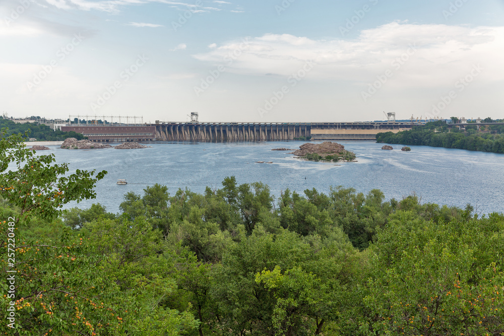 Khortytsia island, Dnieper River and hydroelectric power plant. Zaporizhia, Ukraine.