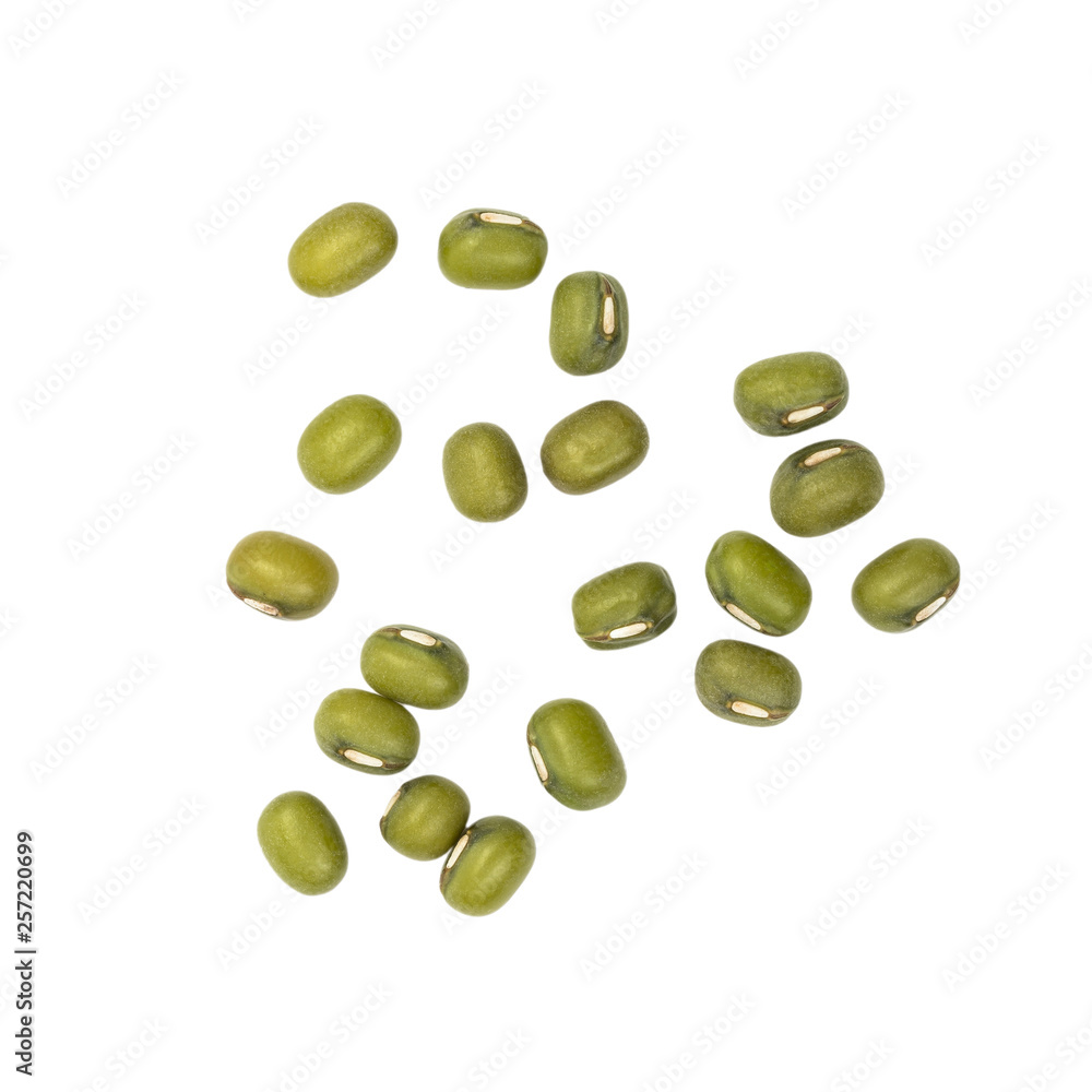 Some spread out green mung beans seen directly from above and isolated on white background Some spread out green mung beans seen directly from above and isolated on white background
