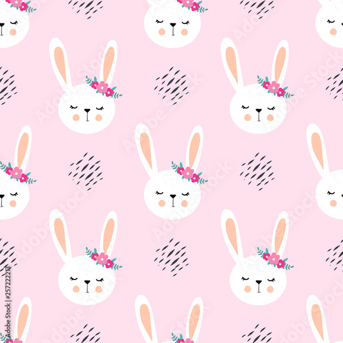 Happy bunny with flowers  children   s seamless pattern. Sketch for wrapping paper with cute rabbits.