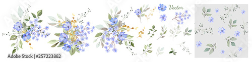Collection. The composition of blue flowers, decorative leaves and gold elements. Set: leaves, twigs, herbs, gold, floral arrangements, seamless background. Vector design.