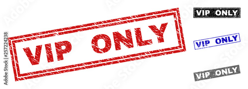 Grunge VIP ONLY rectangle stamps isolated on a white background. Rectangular seals with grunge texture in red, blue, black and gray colors.