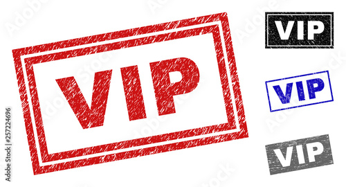 Grunge VIP rectangle stamp seals isolated on a white background. Rectangular seals with grunge texture in red, blue, black and gray colors.