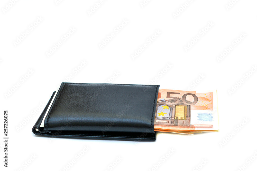Photo, isolate on a white background - a black purse with banknotes of 50 euro. Saving money. Photo, isolate on a white background - a black purse with banknotes of 50 euro. Saving money.