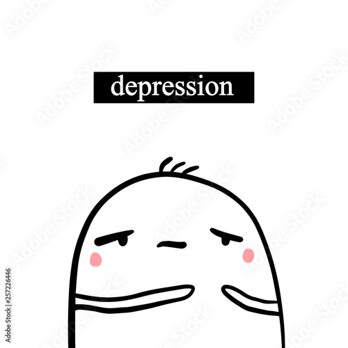 Depression hand drawn illustration with cute marshmallow in cartoon style