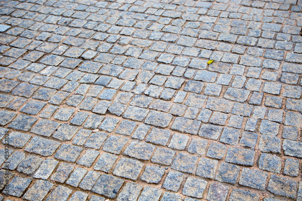 Fototapeta premium Stone paved texture of old street. Natural background.
