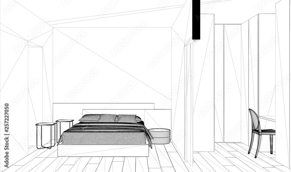 Blueprint project draft, sketch of minimalist modern white and wooden bedroom with walk-in closet, interior design concept idea, modern apartment with parquet floor Blueprint project draft, sketch of minimalist modern white and wooden bedroom with walk-in closet, interior design concept idea, modern apartment with parquet floor