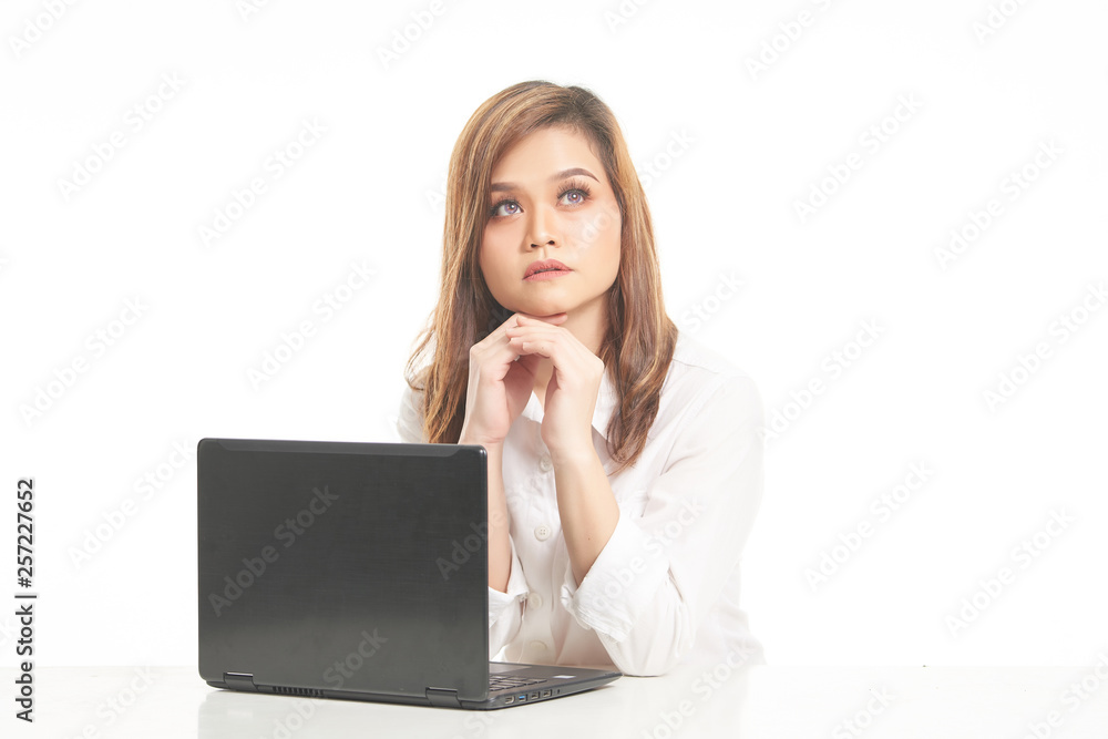 Office Lady In White Shirt using Laptop and File Office Lady In White Shirt using Laptop and File