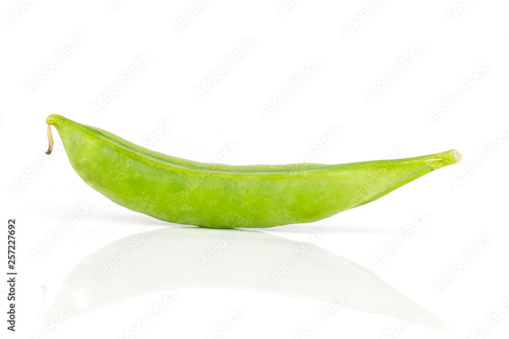 One whole green sugar snap pea pod isolated on white background One whole green sugar snap pea pod isolated on white background