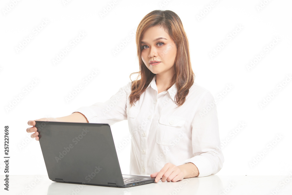 Office Lady In White Shirt using Laptop and File Office Lady In White Shirt using Laptop and File