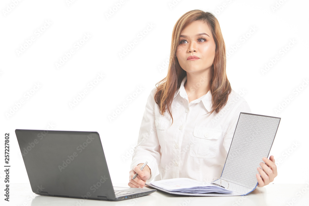 Office Lady In White Shirt using Laptop and File Office Lady In White Shirt using Laptop and File