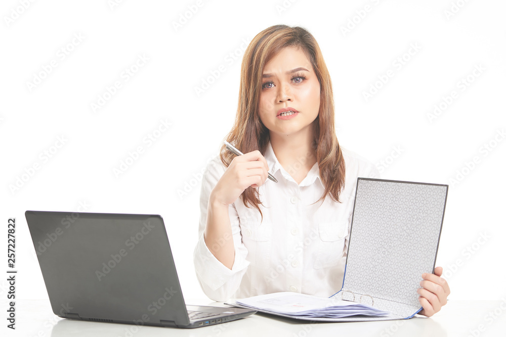 Office Lady In White Shirt using Laptop and File Office Lady In White Shirt using Laptop and File