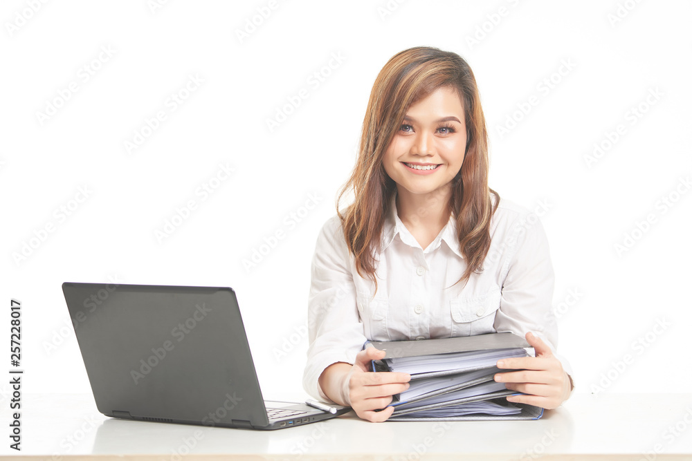 Office Lady In White Shirt using Laptop and File Office Lady In White Shirt using Laptop and File