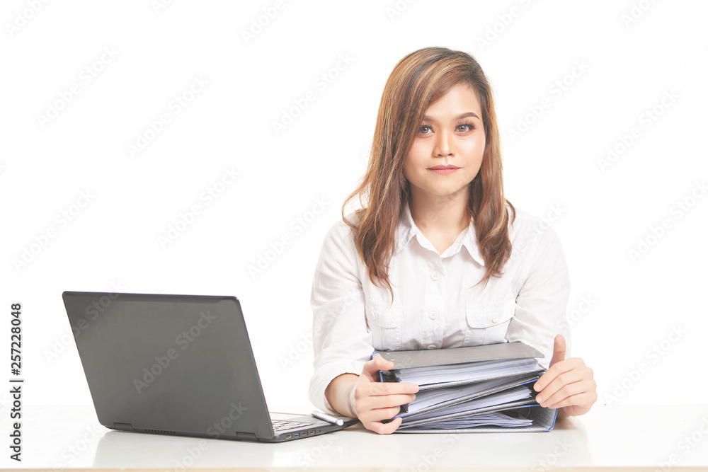 Office Lady In White Shirt using Laptop and File Office Lady In White Shirt using Laptop and File