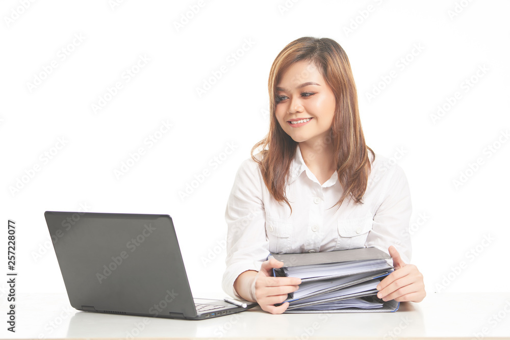 Office Lady In White Shirt using Laptop and File Office Lady In White Shirt using Laptop and File