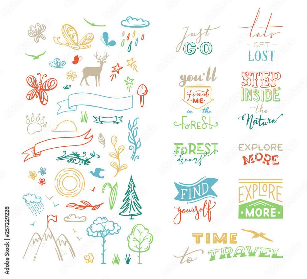 Vector chalk lettering and doodle clipart on nature / travel / wanderlust theme. Vector chalk lettering and doodle clipart on nature / travel / wanderlust theme.
