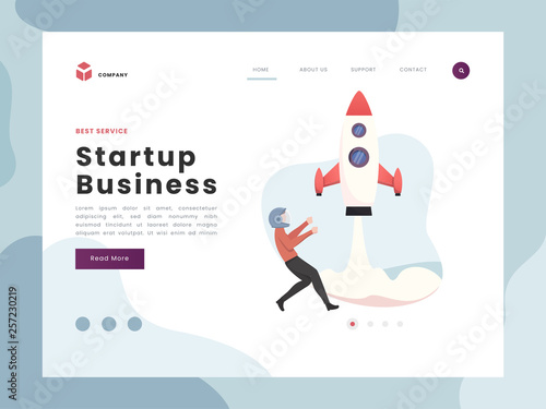 Vector Illustration idea concept for landing page template, Man soars into the sky through clouds with jet pack rocket, team startup launch of a new business developing company, flat gradient style.