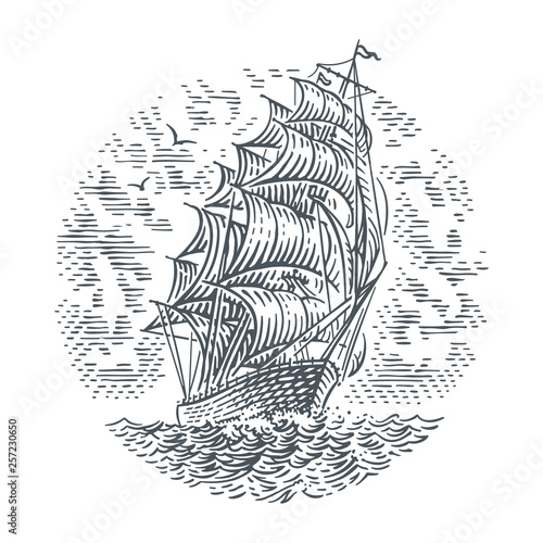 Engraving style line illustration of sailing ship. Vector. (Sky on separate layer).