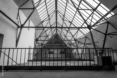 steel roof construction, steel, blue steel, listed building, black and white