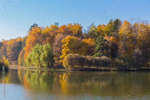 MOSCOW, RUSSIA - October 15, 2018: Panoramic view to the pond in Tsaritsyno park