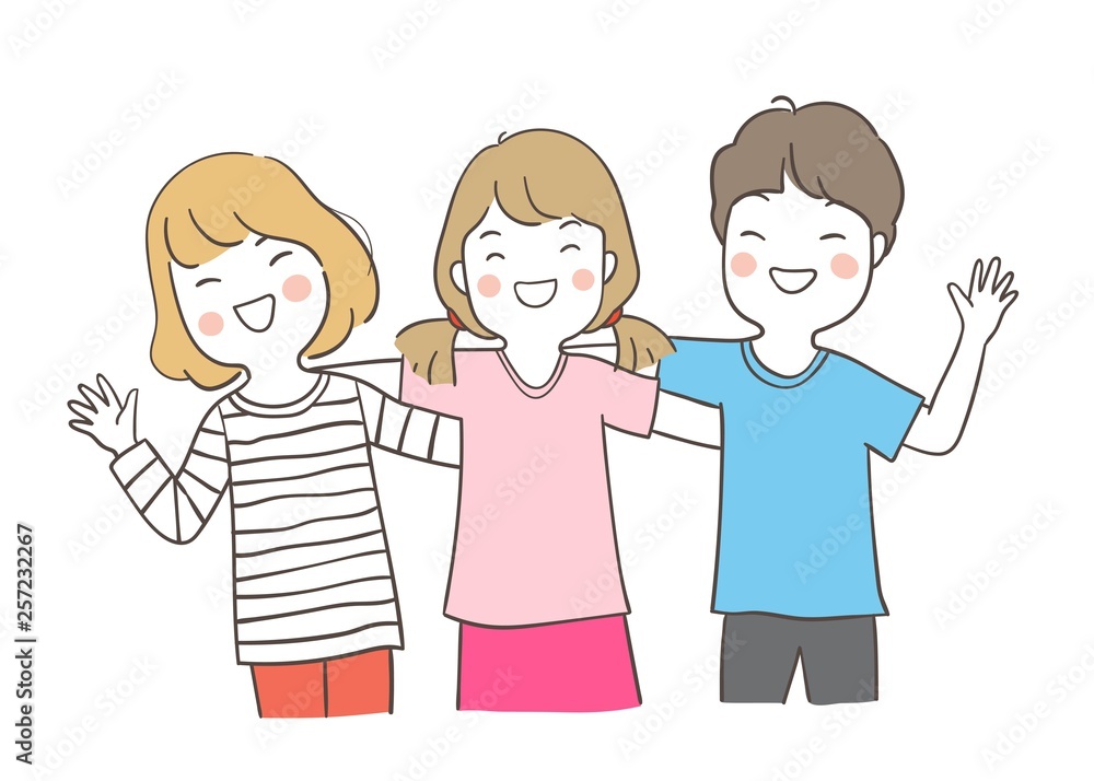 Draw happy children girl and boy hugging Friendship concept