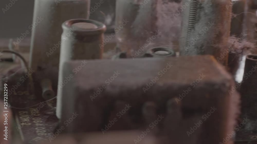 Old Electronic TV details full of dust dirt and spiderweb, macro shot Old Electronic TV details full of dust dirt and spiderweb, macro shot