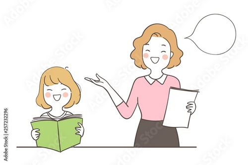 Draw happy girl reading book and teacher saying